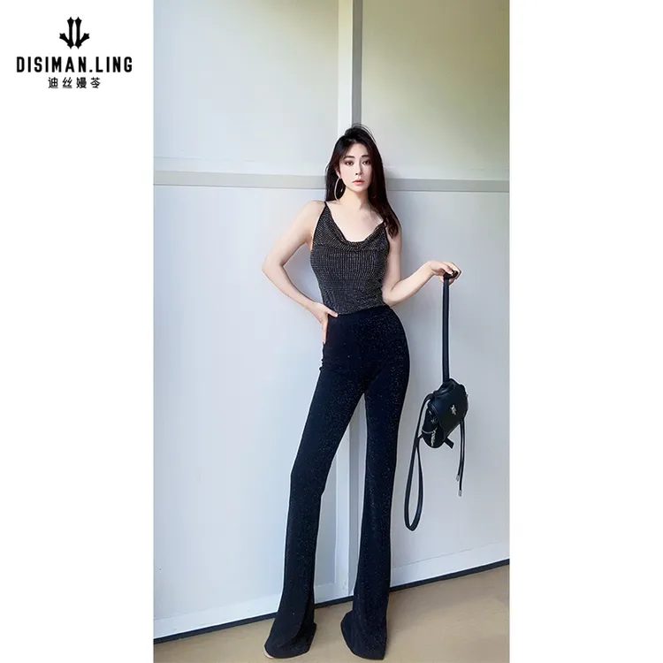 迪丝嫚苓黑色百搭长裤时尚高腰休闲阔腿修身女士显瘦原创小众优雅
