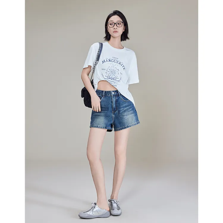 A美洋MEIYANG 小雏菊T恤丝柔棉圆领休闲撞色做旧印花宽松短袖上衣