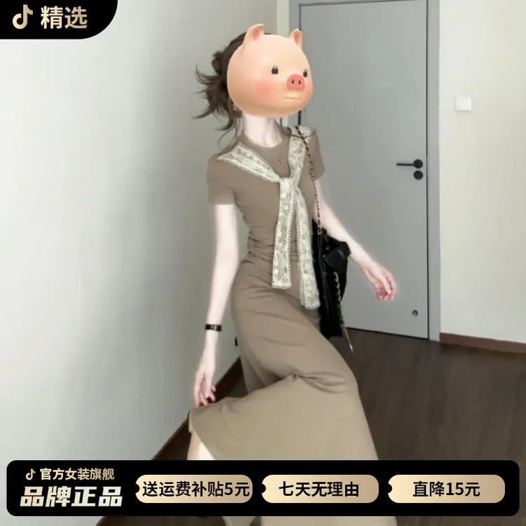 蕾丝拼接设计感法式复古短袖连衣裙子女夏2025新款巨好看掐腰长裙