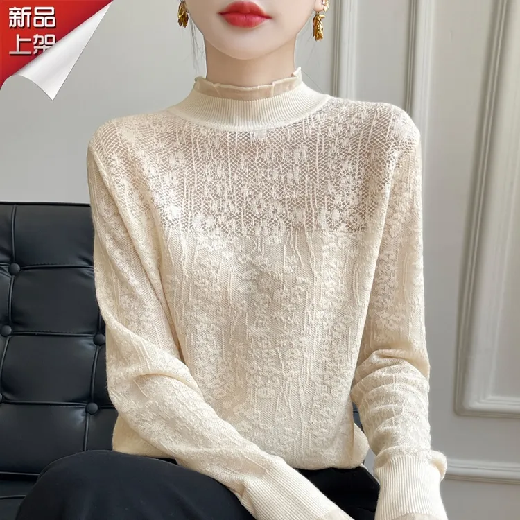 哥弟阿玛施官方2025新款春秋花边半高领镂空长袖针织衫女时尚百搭