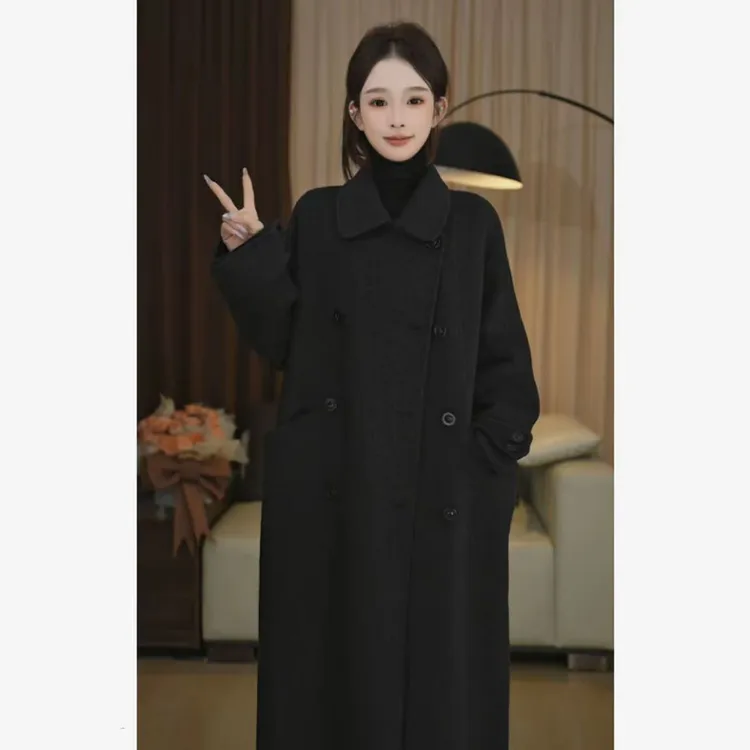 宽松大版娃娃领双排扣挽袖长款小个子韩版羊毛大衣 542