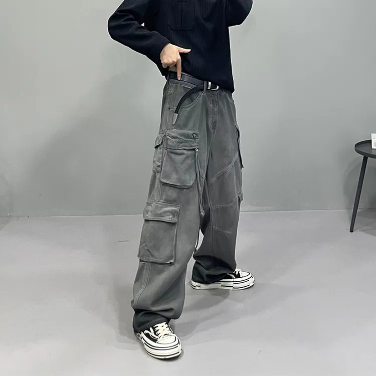 大风车秋季复古水洗做旧多口袋工装裤男潮牌痞帅宽松直筒休闲裤