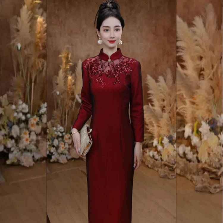 酒红色改良旗袍秋冬加厚气质优雅时尚喜婆婆高端婚礼喜妈妈连衣裙
