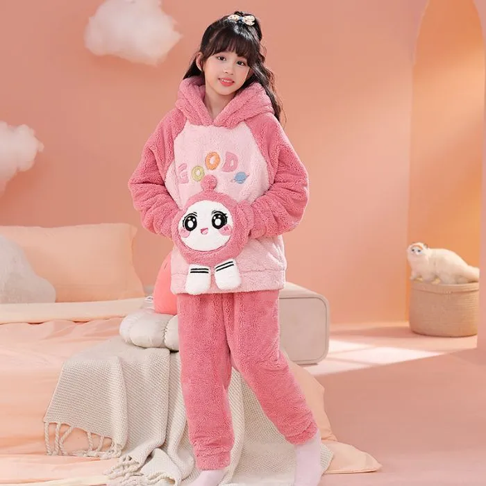 女童舒棉绒卡通长袖中大童睡衣秋冬季儿童加厚保暖宝宝家居服套装