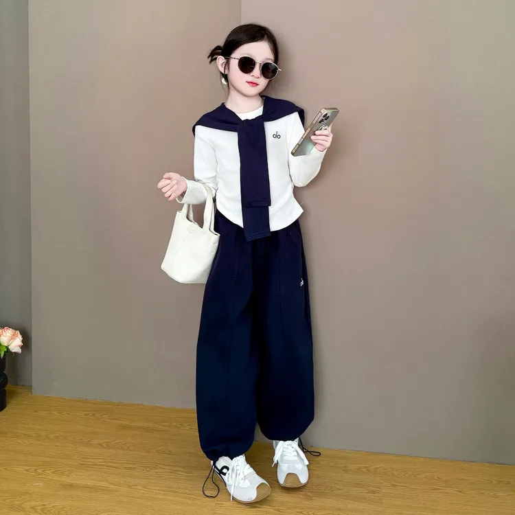 女童2025新款韩版春秋季休闲洋气披肩字母印花卫衣休闲宽松裤套装
