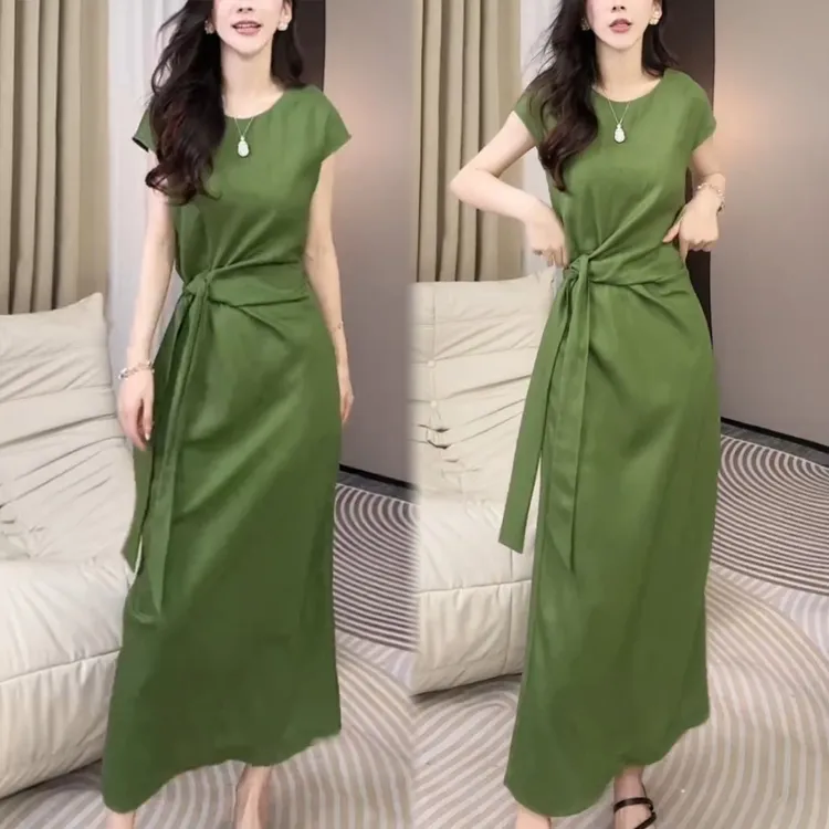 2025年夏季新款气质法式圆领裙子女大码时尚无袖中长款显瘦连衣裙