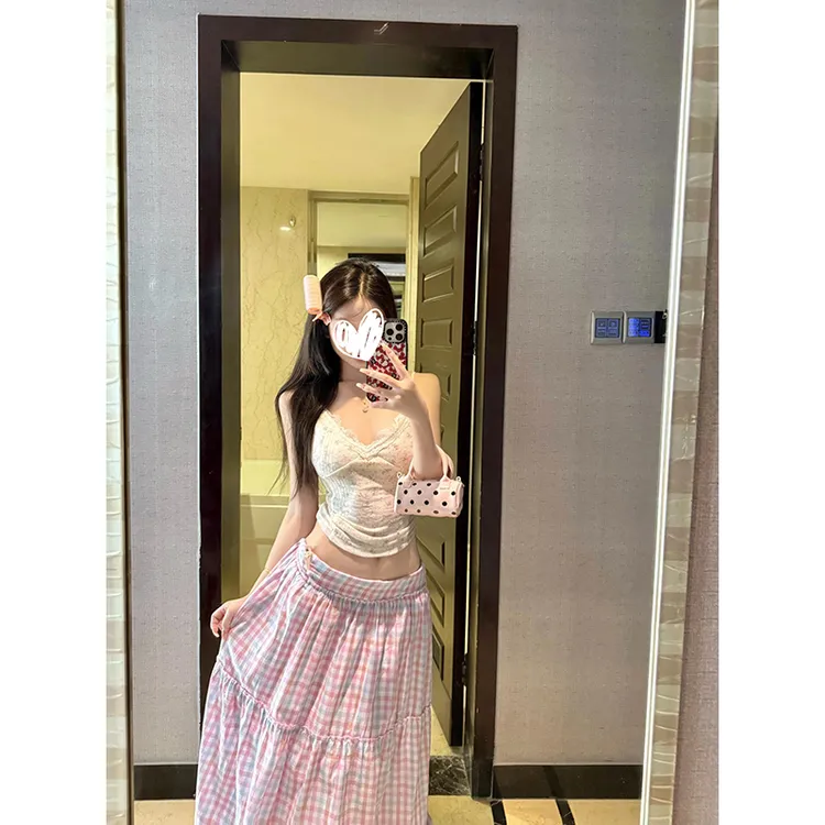 纯欲风蕾丝拼接碎花吊带背心女修身显瘦无袖上衣格子半身裙两件套