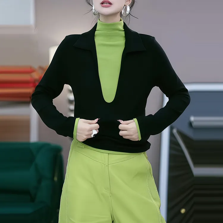 韩系拼色黑色高领假两件长袖T恤上衣女秋季新款气质内搭打底衫潮