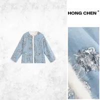 【虹辰·冰川蓝牡丹】高端时尚真丝丝绒3M棉立体叠绣蚕丝貂毛-HC2123