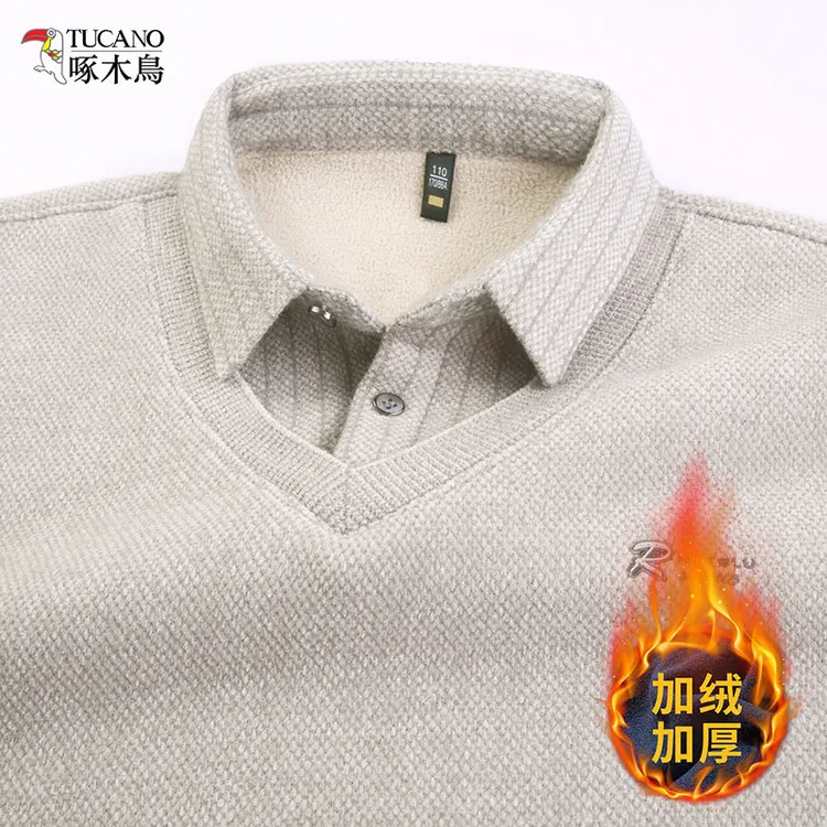 TUCANO/啄木鳥冬季翻领POLO衫假两件男士上衣商务休闲加绒加厚