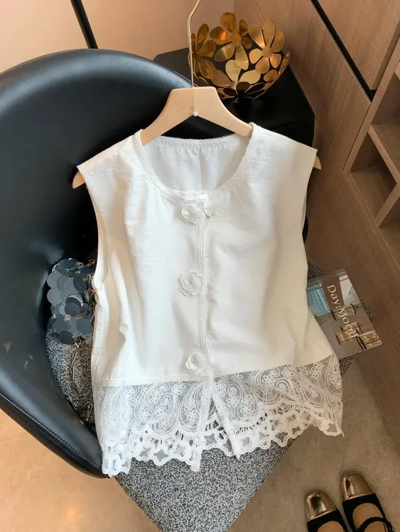 千金清冷感贵系衣服设计感重工花朵蕾丝花边拼接无袖背心上衣夏季