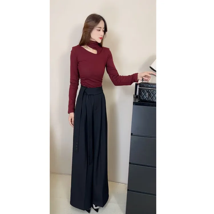 名媛风气质洋气半高领镂空打底衫上衣女中长款系带阔腿裤长裤潮