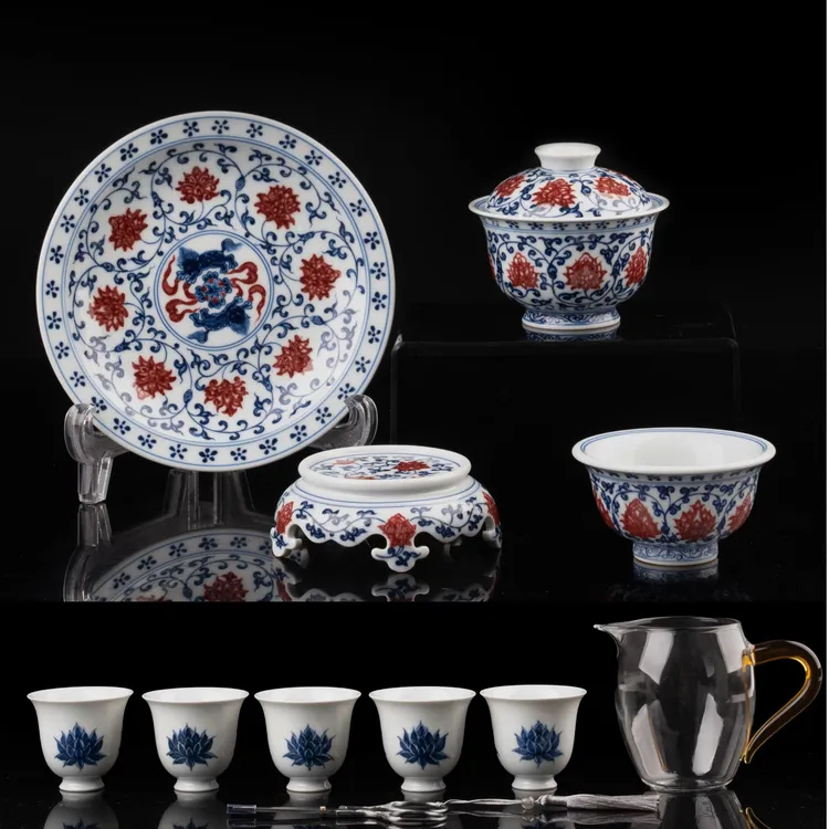 汤嘉禾窑 青花釉里红缠枝莲套组（四件套）赠：5客杯1公道杯1茶剪