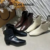 老敏哥羊皮复古尖头短靴女2025新款粗跟法式小短靴75-771