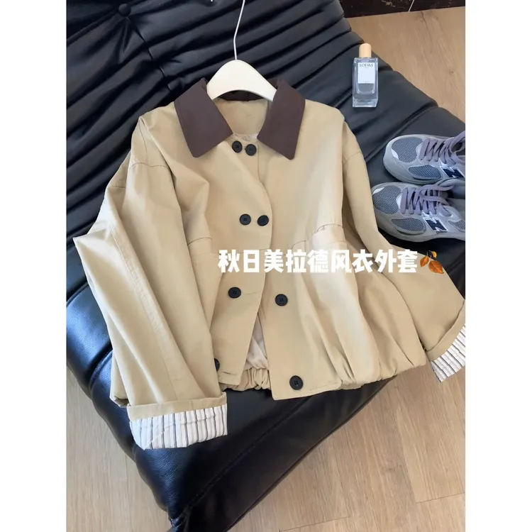 撞色长袖休闲工装夹克美拉德外套女士短款正肩2025新款小个子薄款