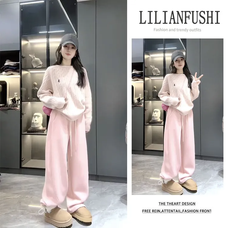 秋冬搭配一整套2025新款宽松纯色长袖针织衫显瘦阔腿休闲裤两件套