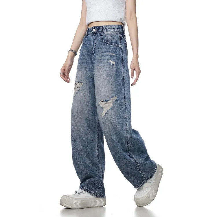 破洞高腰洋气时髦女款爆款新款直筒裤子女款爆款2025新款夏季