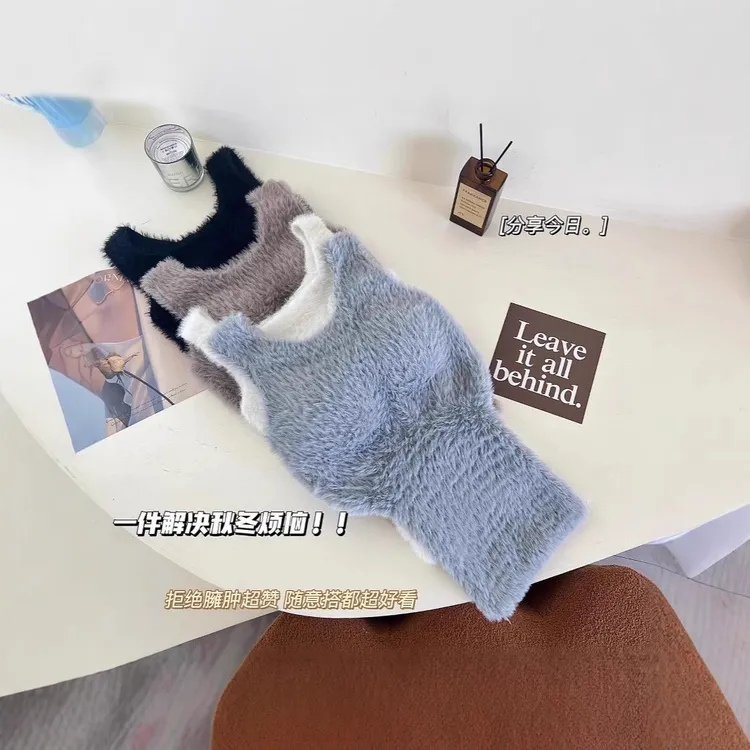 Q99#秋冬内搭毛绒带胸垫加绒加厚保暖背心女免穿文胸一体打底紧身