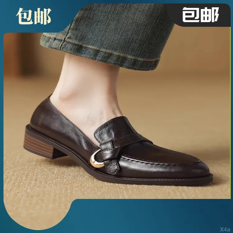 真皮中跟乐福鞋女2025春秋新款软底单鞋英伦风复古百搭棕色小皮鞋