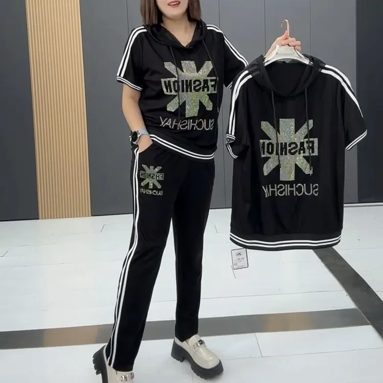 9868*夏季时尚连帽宽松套装休闲两件套洋气款