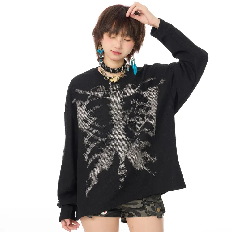 SOYY美式复古哥特风骷髅印花华夫格长袖T恤男女宽松潮牌打底上衣