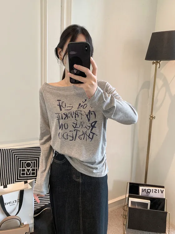 微透上衣韩版一字领斜肩设计感收腰字母长袖T恤简约叠穿罩衫T恤女