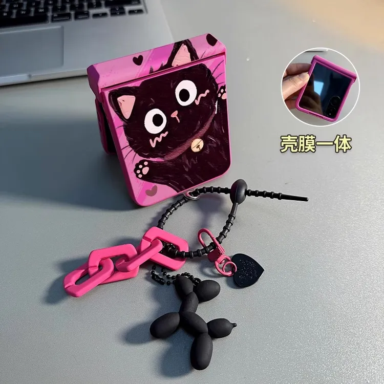 适用小米MIXFlip2手机壳折叠屏肤感玫红可爱黑猫壳膜一体女保护套