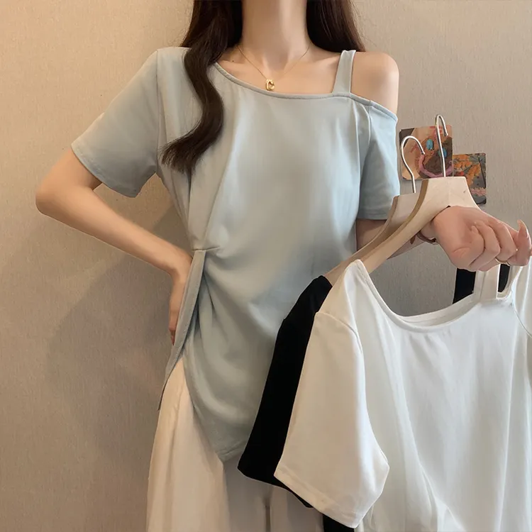 C2025夏新款胖mm大码纯欲露肩不规则短袖显瘦遮肉T恤甜辣开叉上衣