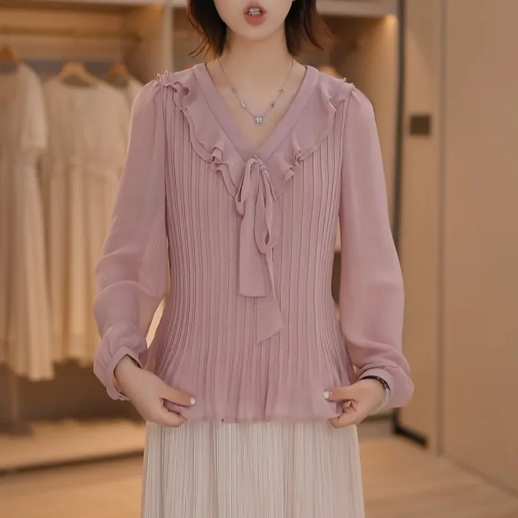 时尚气质百搭显瘦长袖小衫秋季新款细闪花边设计感V领衬衫上衣女