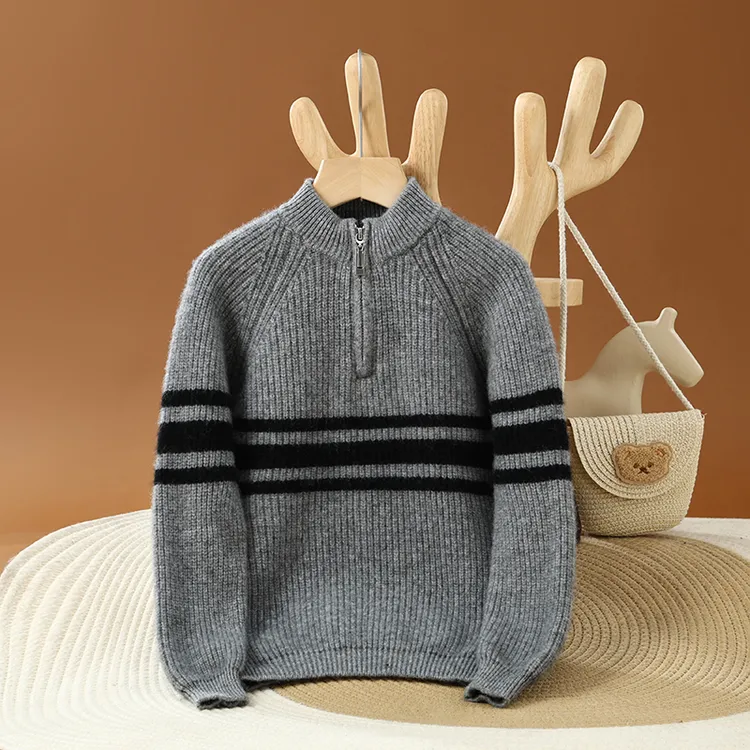 加厚款男女儿童条纹拼色半高领半拉链100%纯羊毛衫针织套头毛衣