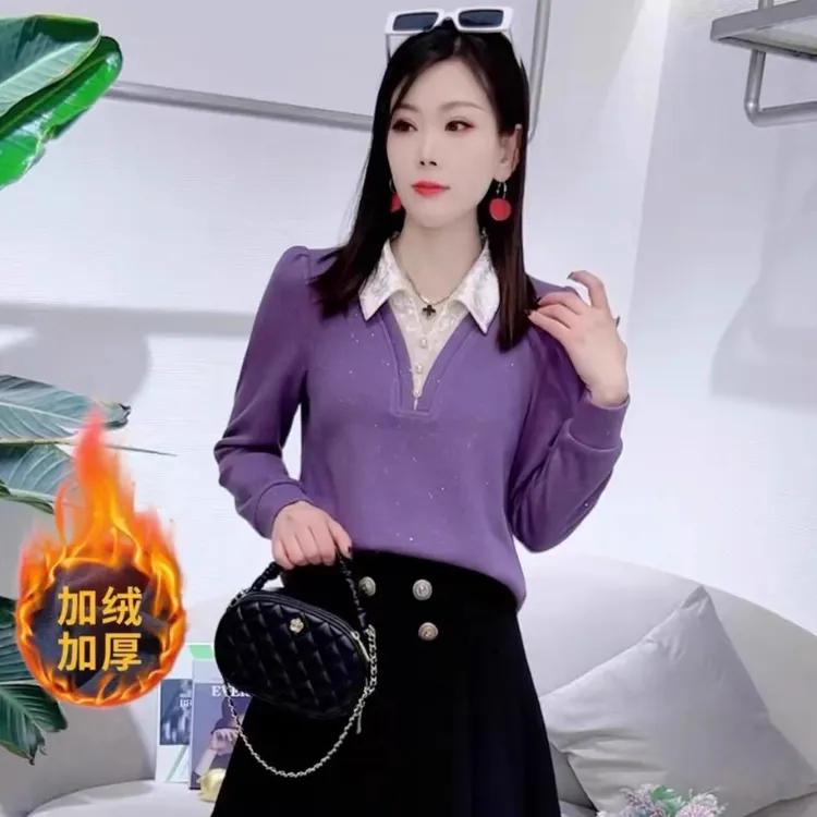 时尚加绒加厚T恤女2025冬季新款洋气显瘦百搭拼接假两件打底衫潮