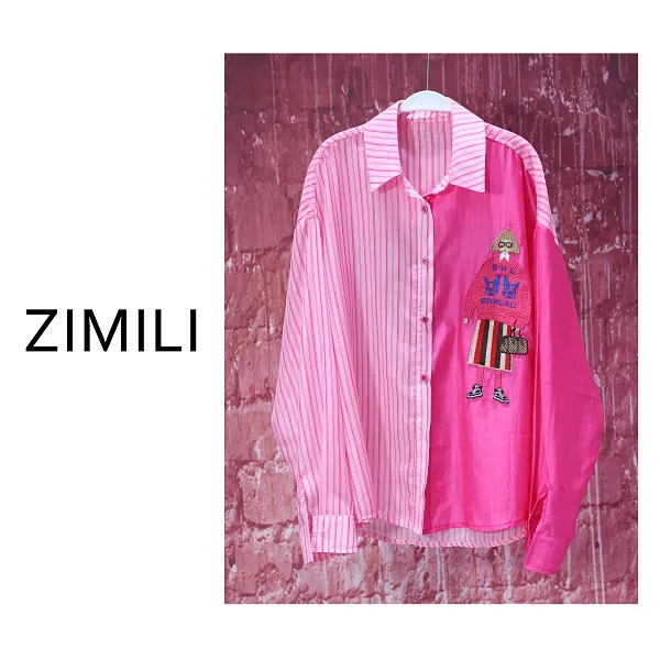 【亮哥女装】2025夏《雏菊》轻薄冰凉粉色拼接条纹贴布绣衬衫8103