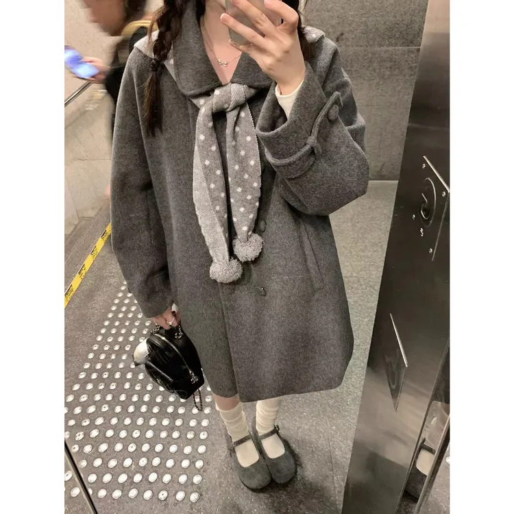 波点艺术家 秋冬可爱风学院风宽松灰色 翻领双排扣毛呢大衣