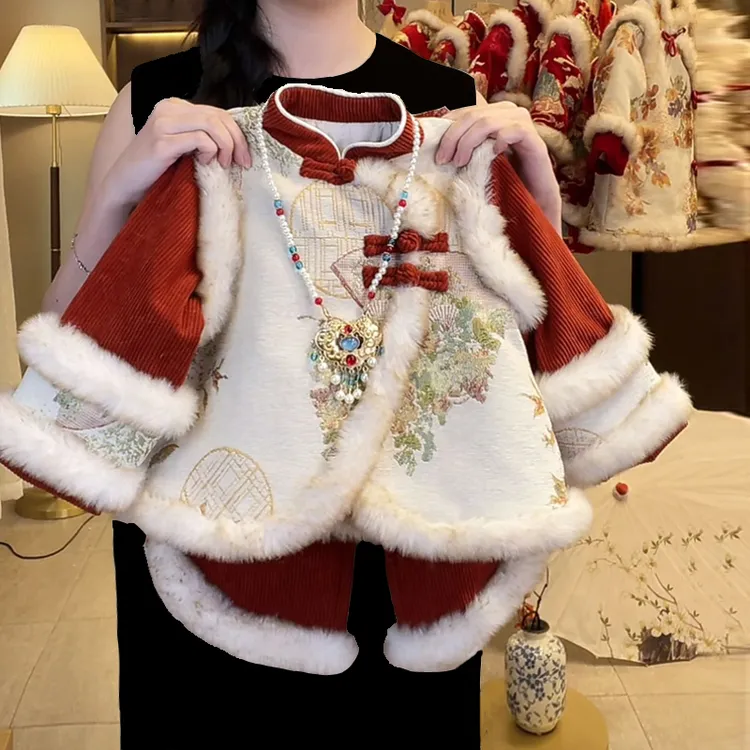 女童加绒冬季汉服套装拜年服女宝宝加厚唐装新年装中式保暖国风潮