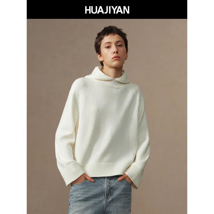 华吉言/HUAJIYAN【白噪音】绵羊毛混纺针织落肩连帽套头毛衣