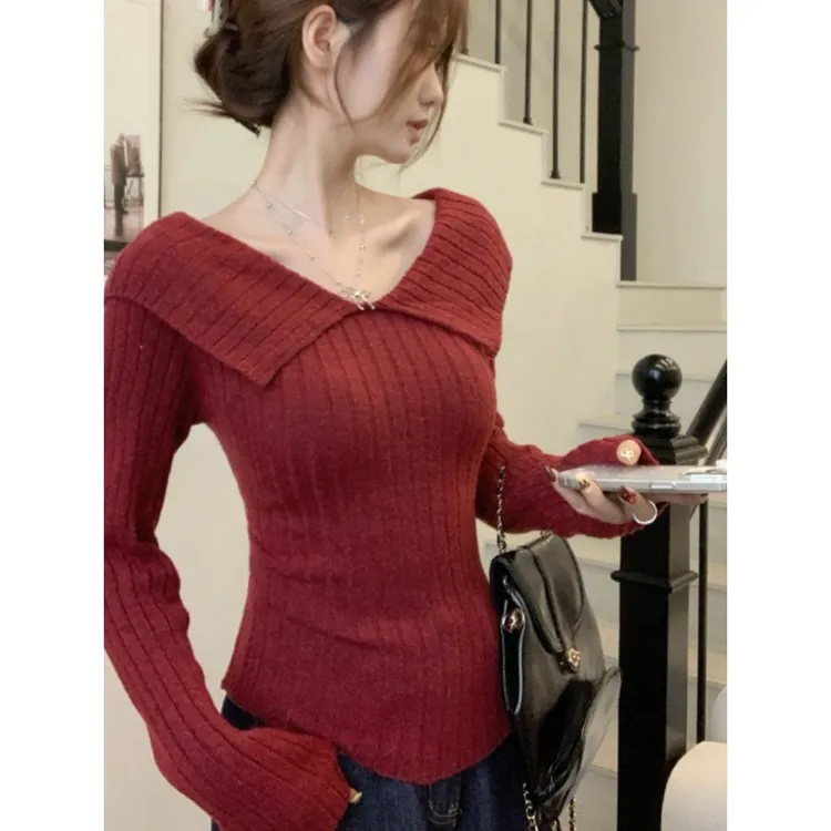 修身长袖翻领针织打底内搭女套头上衣设计感不规则领子百搭I2-62