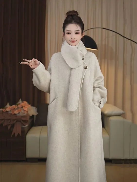 可拆卸围巾款高级感双面羊毛大衣2025年新款爆款加厚宽松秋冬女爆