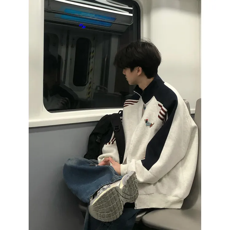 美式仿刺绣狗印花撞色三条杠立领开衫外套男女秋冬季情侣休闲卫衣
