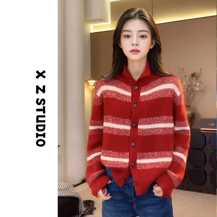 秋冬新款时尚洋气气质宽松显瘦条纹开衫针织上衣女圣诞红色毛衣