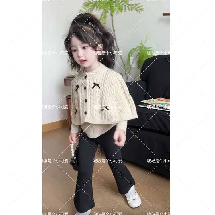2025秋季新款套装韩版童装女童复古蝴蝶结毛衣斗篷休闲黑色喇叭裤