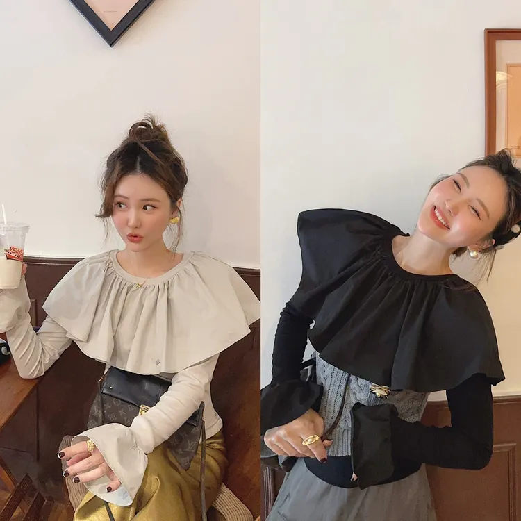 智英欧尼 荷叶边t恤~【韩系百搭上衣秋冬女装禅意仙气飘飘显瘦】