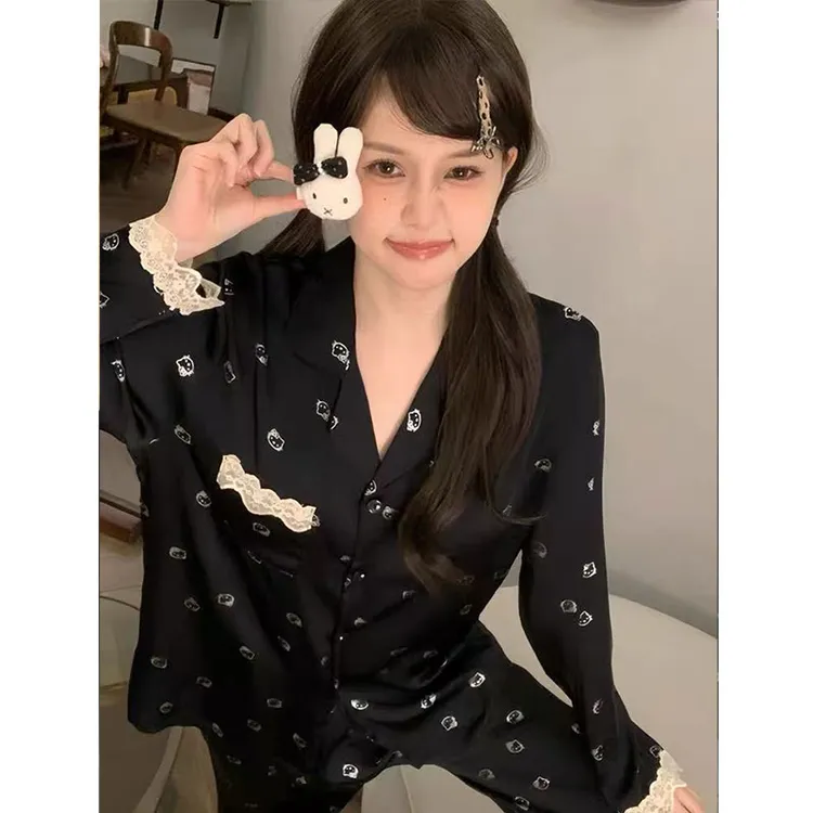 可爱KT猫冰丝睡衣女带胸垫2025新款秋款花边长袖长裤家居服套装