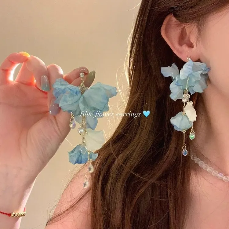 合金耳饰 夏日蓝色花朵流苏耳环2025新款绝美夸张海边度假风耳饰