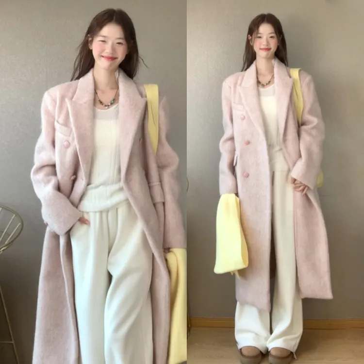 韩系高级感粉色毛呢厚外套女秋冬季2025新款巨好看中长款呢子大衣