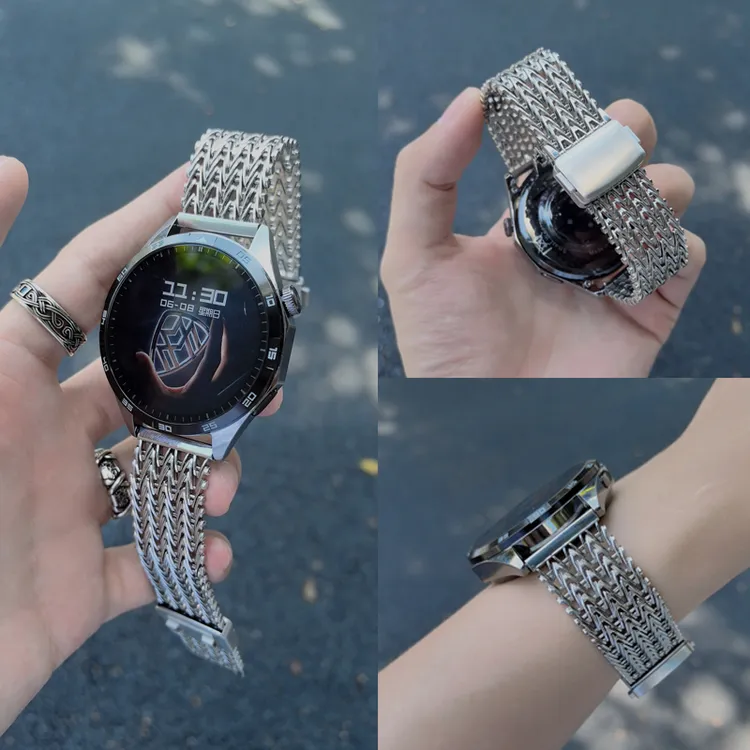 VVV纹磁吸卡扣适用华为GT5pro手表表带GT4透气金属watch3钢带GT2