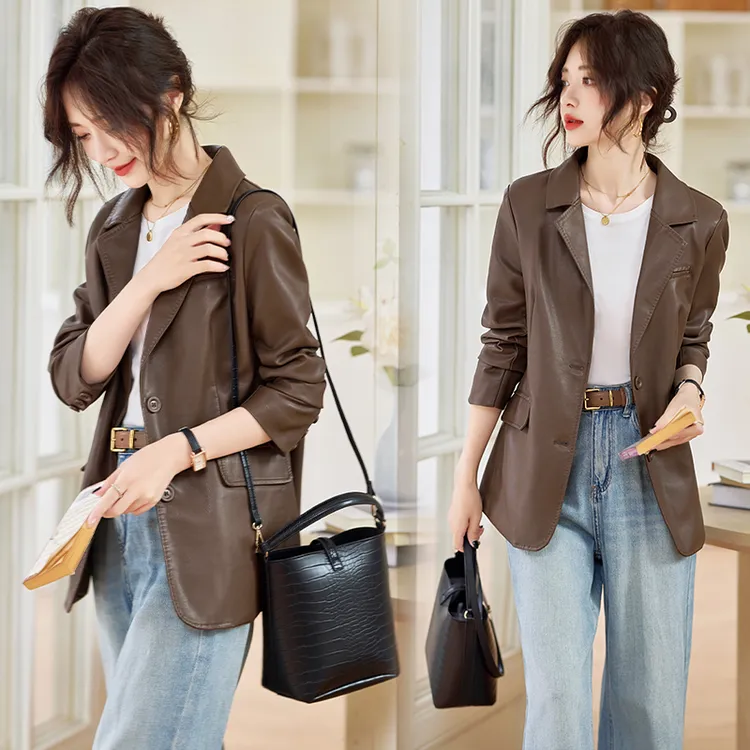 海宁真皮皮衣女士单排两粒扣2025春装新款韩版绵羊皮修身西装外套