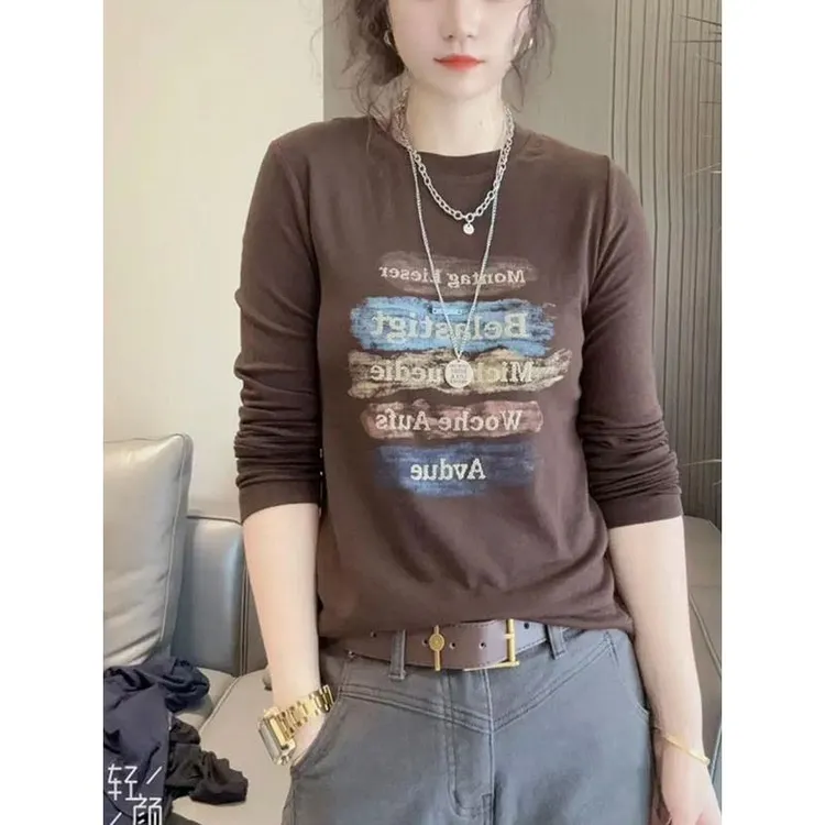 圆领长袖女士2025年秋季新款韩版时尚印花字母打底衫洋气百搭上衣