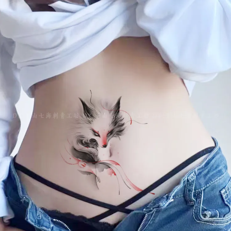 高级感小众肚脐大腿腹部国风白狐可水洗彩色纹身贴女防水持久遮疤