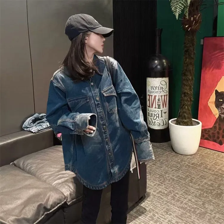 美式复古水洗加绒牛仔衬衫外套女冬季宽松加厚中长款叠穿内搭衬衣