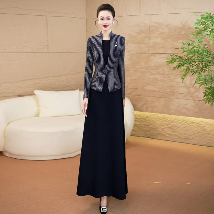 气质大方假两件连衣裙2025秋冬新款修身显瘦正式场合高级感长裙50